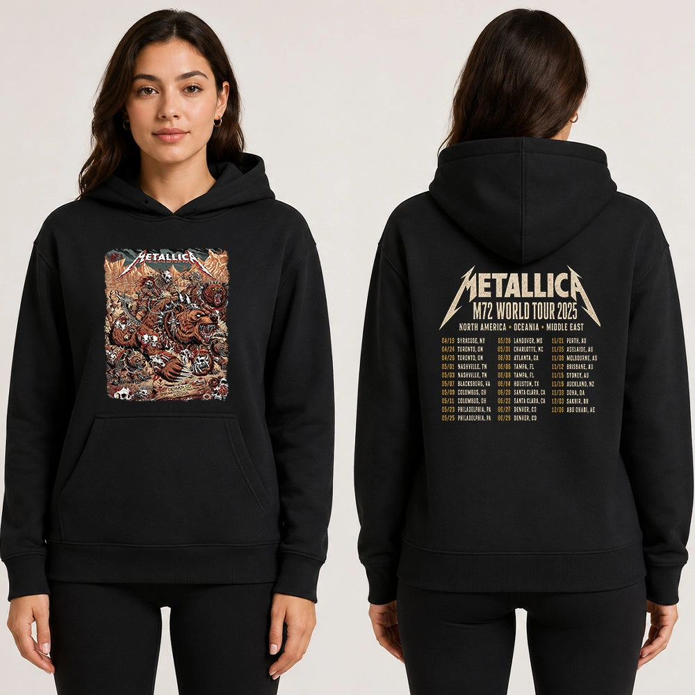 Metallica M72 World Tour June 27 2025 Empower Field At Mile High Denver Colorado United States 2 side T-shirt by Juan Ma Orozco featuring skull-faced warriors riding armored bears, skulls, bones, mountain scenery and M72 tour back print.